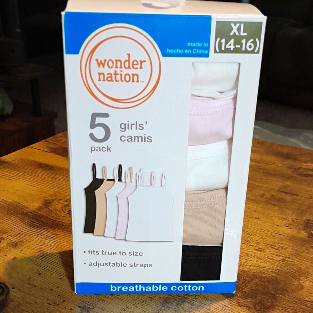 Wonder Nation Girls Cotton-Blend Cami 5-Pack Breathable Adjustable Straps 14-16